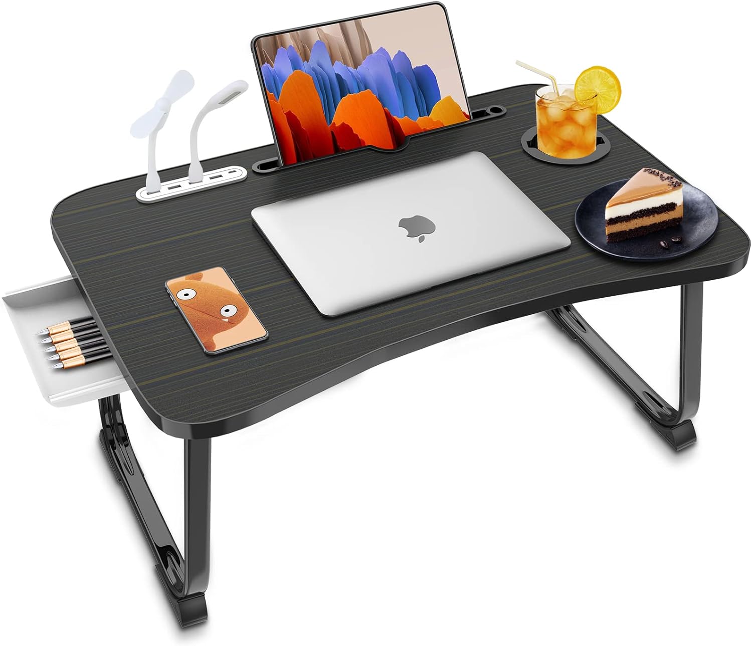 Portable Foldable Laptop Bed Table with USB Charge Port Storage Drawer and Cup Holder,
