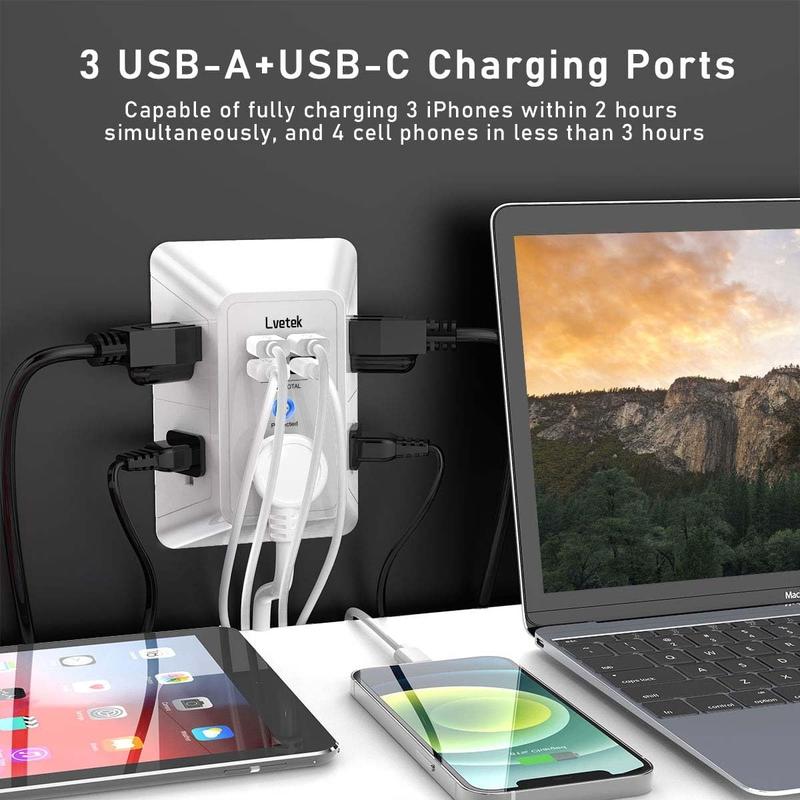 Multi Plug Outlet Surge Protector-with 3 USB Ports (1 USB-C), 3 Sided 1680J Surge Protector for Mounted, ETL Listed Springtok