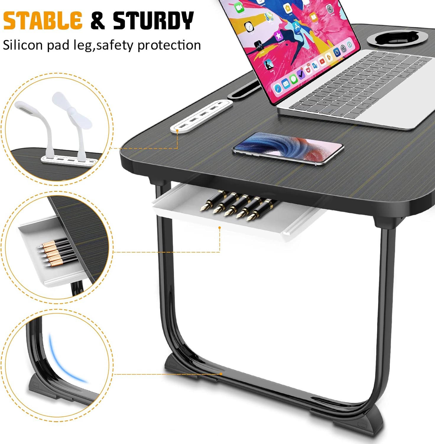 Portable Foldable Laptop Bed Table with USB Charge Port Storage Drawer and Cup Holder,