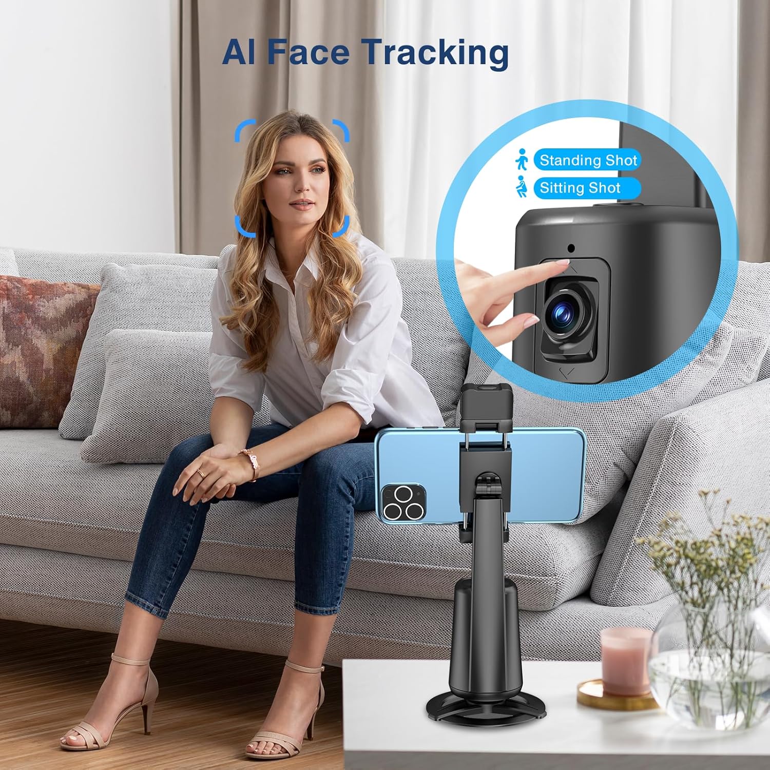 Auto Face Tracking Tripod 360° Rotating Auto Tracking Phone Stand, No App, Phone Camera Stand with Remote and Gesture Control,