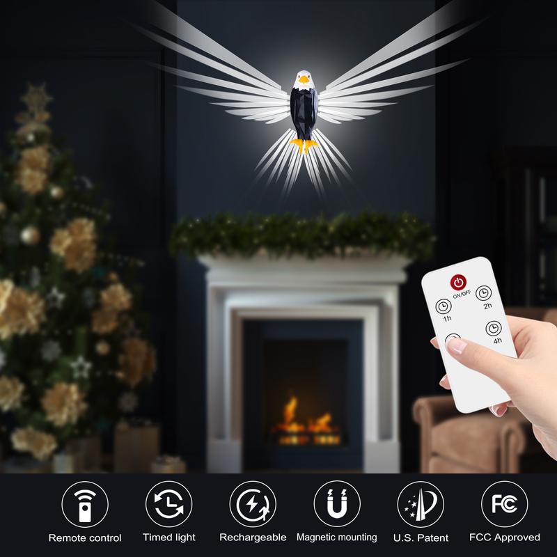 Magnetic Wall-Mounted Eagle Night Light with Remote Control, Battery Operated and Removable Charging,