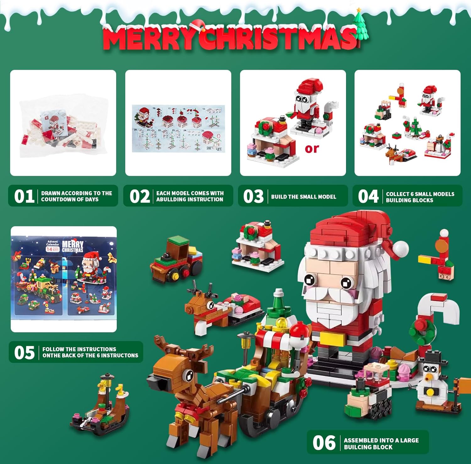 Christmas 2024 Building Blocks for 3-12 Year Olds - 12 Day Countdown Calendar Gift Box - 6 in 1 Christmas Tree Elk Santa Track Car Blocks Bricks
