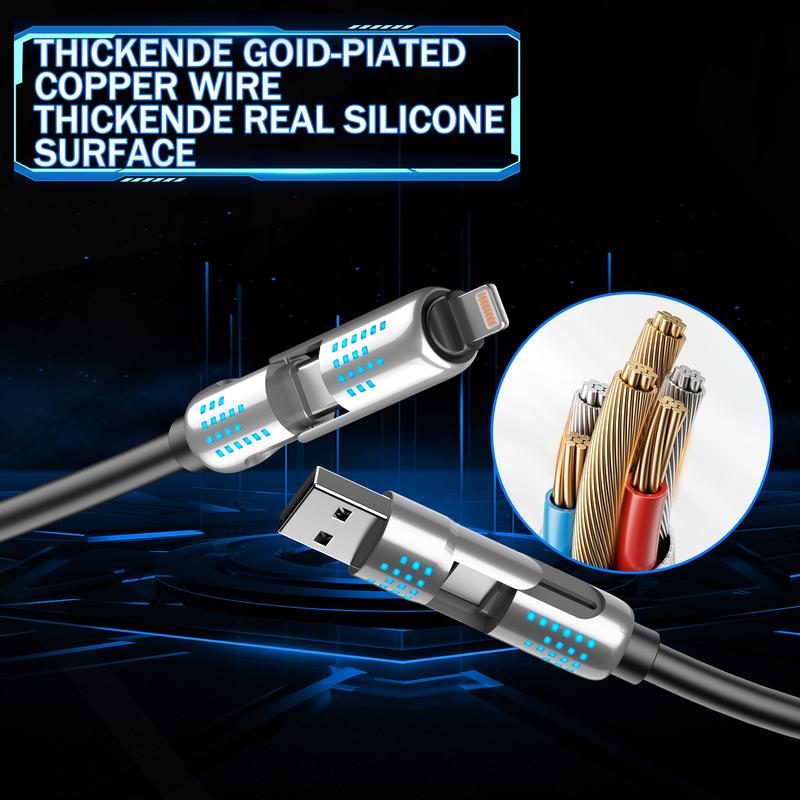 240W 4-in-1 USB-C Cable - PD 5A Fast Charging & Data Sync, Breathing Light, Aluminum Alloy Design, 4FT Silicone Cable,