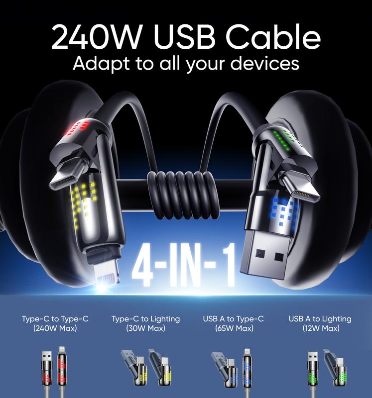 MAGIC JOHN 4-in-1 Charging Cable – Super Fast 240W Charging with RGB Light