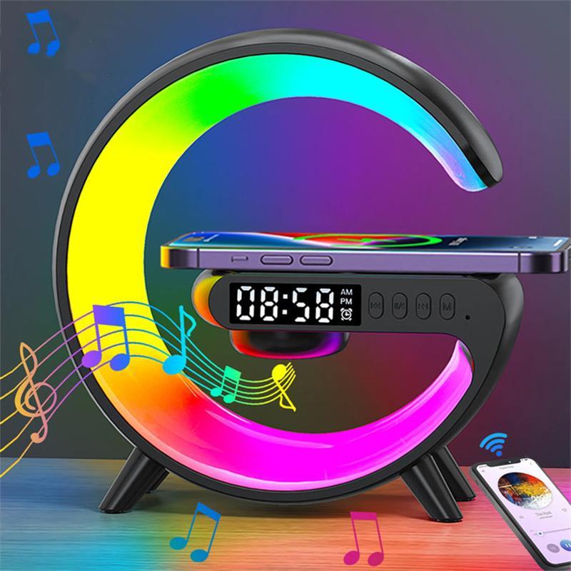 RGB Night Light Lamp Multifunctional Wireless Audio Speaker, Multifunctional Wireless Speaker with Alarm Clock, Wireless Charger Station for Smartphone