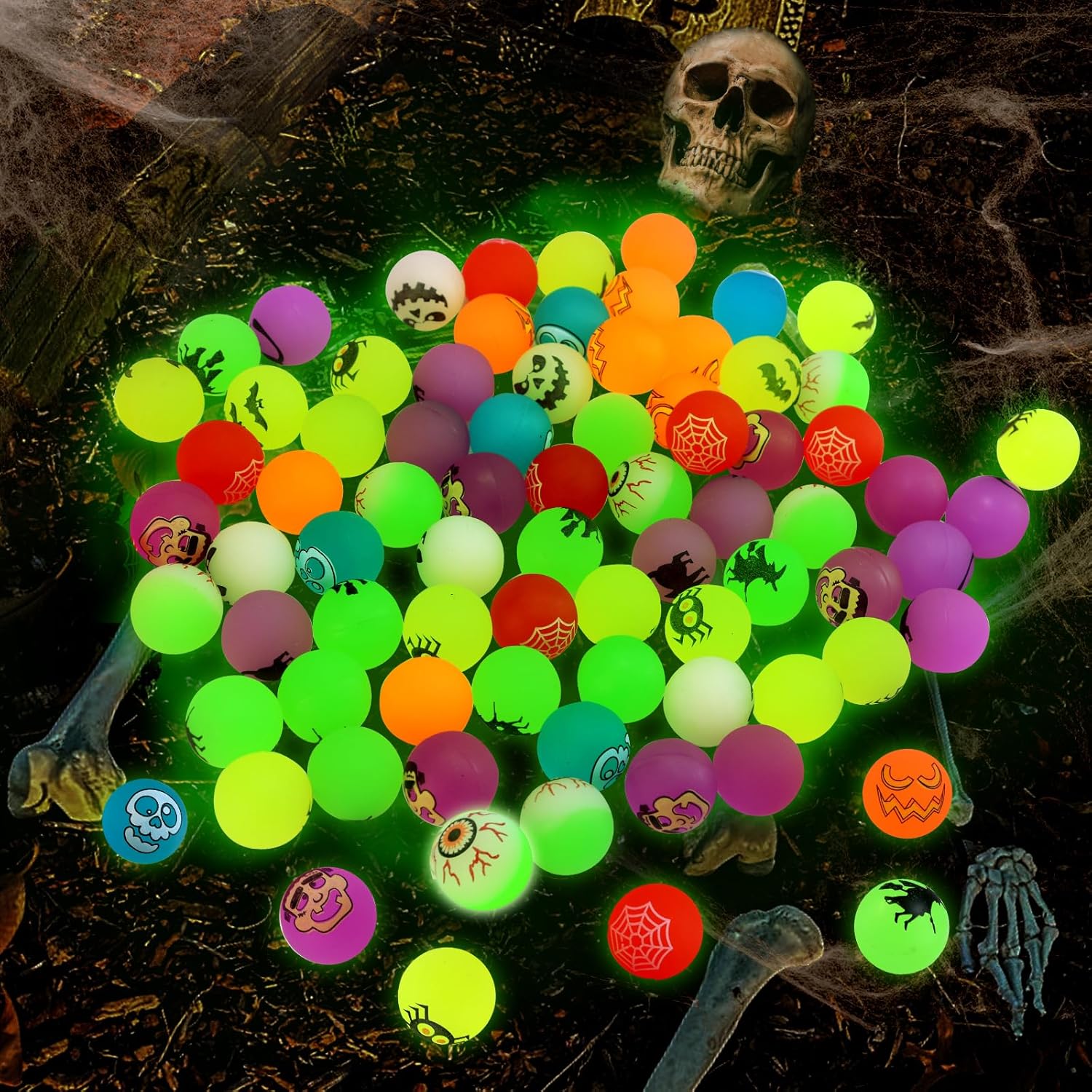 Halloween Theme Designs Bouncing Balls - Glow in The Dark Bouncy Party Favors Supplies for Kids, Trick or Treating Goodie Light Spooky