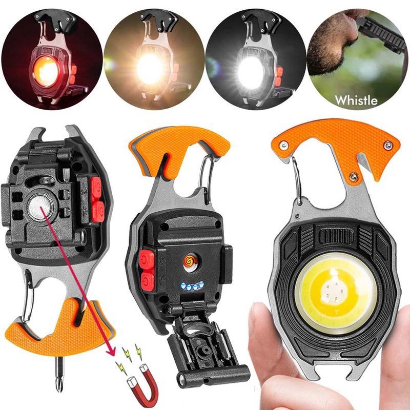 LED Small Flashlight Multitool, Rechargeable Keychain Light, COB Multi-Function Mini Work Light, 500 Lumens, 7 Lighting Modes with Seat Belt Cutter, Screwdriver, and Whistle
