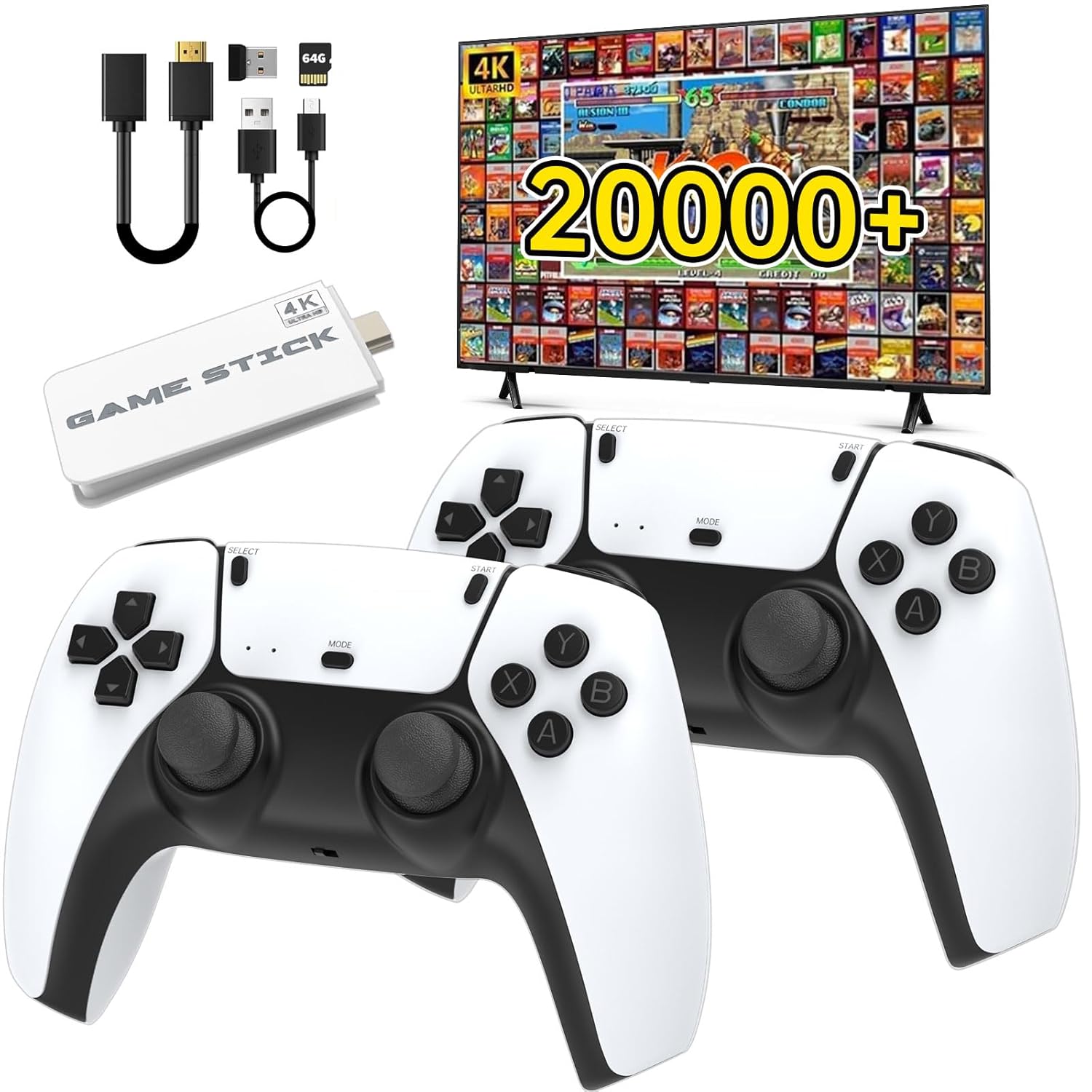 4K HDMI Output - 20000+ Games Wireless Retro Game Console Stick,