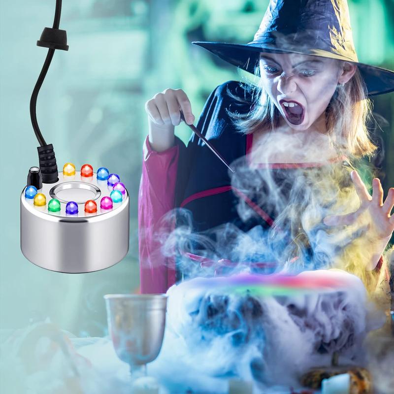 Mini Halloween Fog Machine, Ultrasonic Mist Maker Fogger with Waterproof Frame 12 LED colors For Halloween Decoration, Water Fountain, Pond Fogger