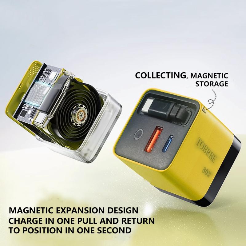 TOBRBE 3 in 1 GaN Charger, Retractable 80W MAX Fast Charger Block with Type-C Cable & 2USB Ports,
