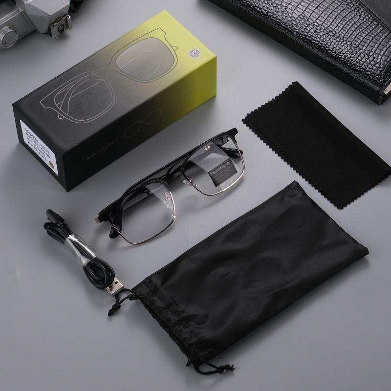Bluetooth audio smart glasses with photochromic lenses that darken in sunlight, metal frame, surround sound and microphone