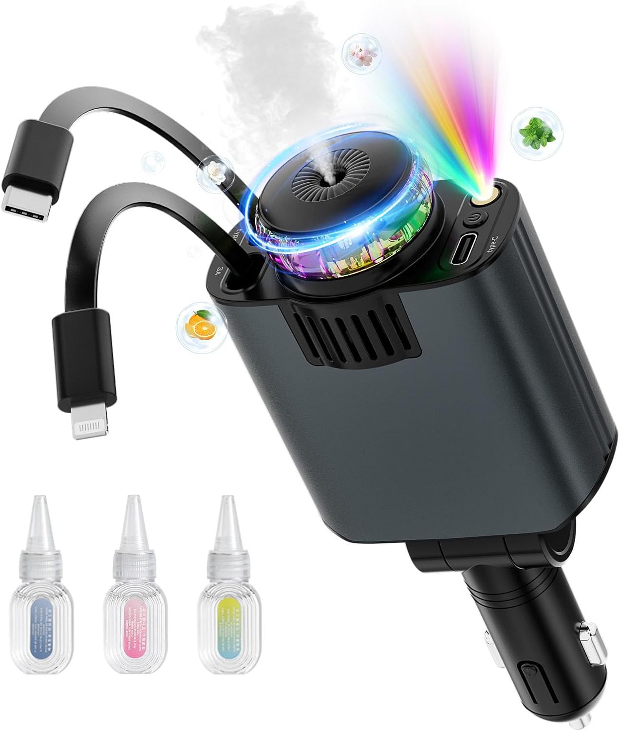 Starlight in Car Roof 5 in 1 Fast Car Phone Charger, with Car Aromatherapy Diffuser, 2 Retractable Cables and USB C Car Charger Adapter,