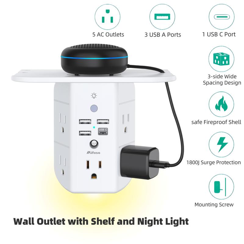 MIFASO 9-in-1 Wall Outlet Extender with Smart Night Light and Removable Shelf for Phones and Electronics,
