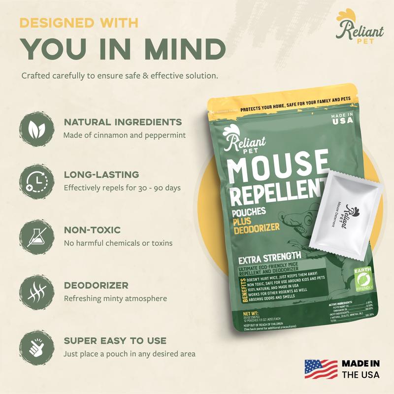 Reliant Pet Mouse Repellent Pouches- Keep Rodents Out of Cars - Mouse Deterrents with Peppermint Oil