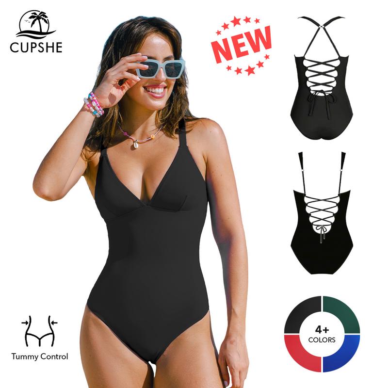 CUPSHE Women Casual Plunging Slim & Sculpt Swimsuit Lace-Up Back Tummy Control Adjustable Straps One-Piece Removable Soft Cups Swimwear(XS-XXL) Bathing Suits