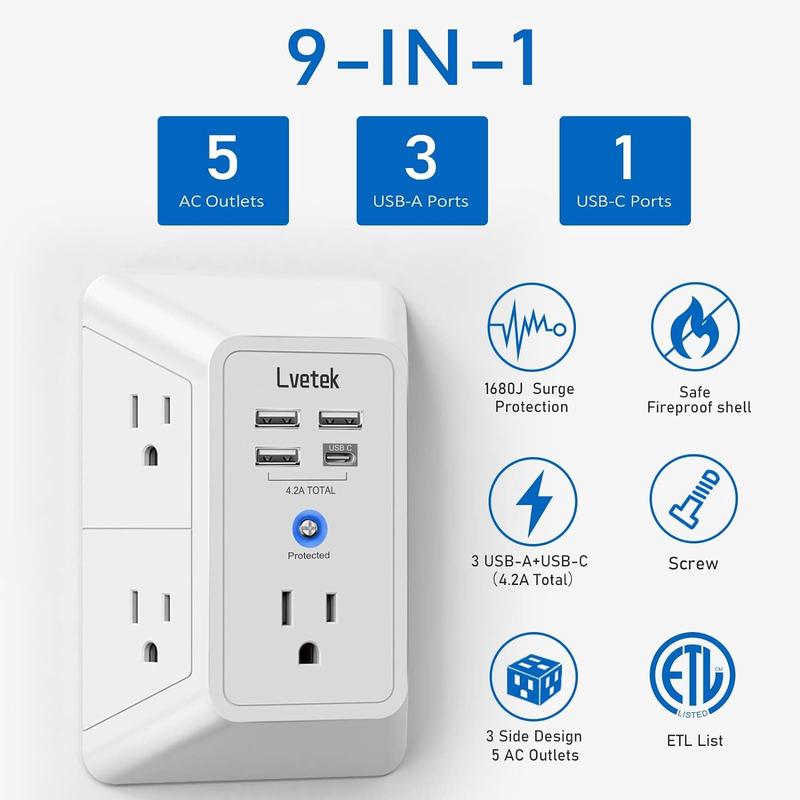 Multi Plug Outlet Surge Protector-with 3 USB Ports (1 USB-C), 3 Sided 1680J Surge Protector for Mounted, ETL Listed Springtok