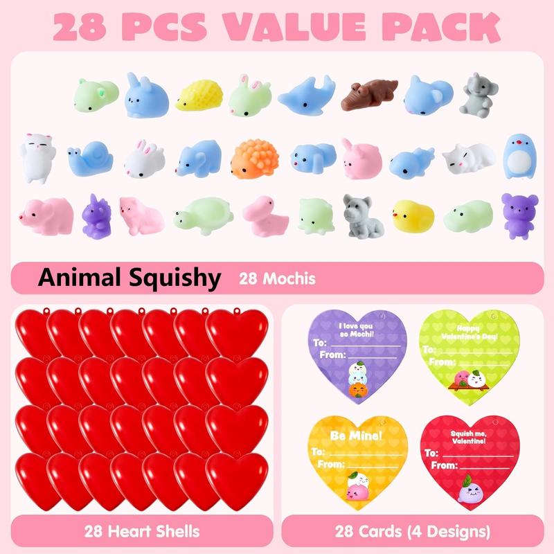 28Pcs Kids Valentines Cards Mochi squishy Toys with Glow-in-The-Dark， 2025 Valentine Exchange Cards