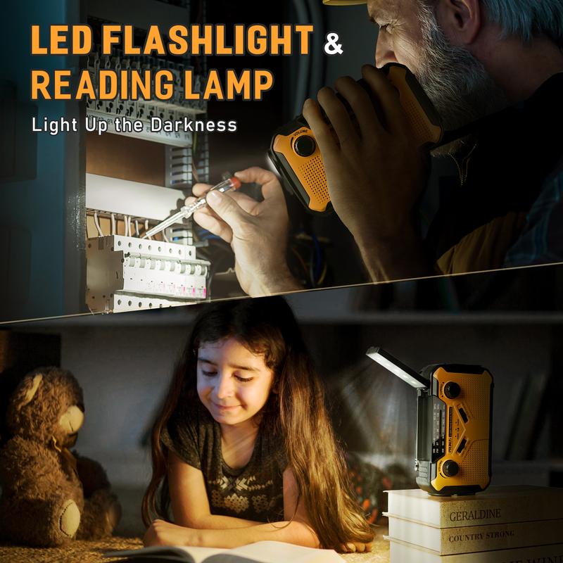 PRUNUS Emergency NOAA Weather Radio with 11100mWh Portable Power Bank, AA Batteries/Solor/Hand Crank/USB/Rechargeable Batteries, LED Flashlight and Reading Lamp,SOS Alarm & Flashlight,AM FM, J-369