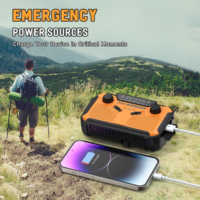 PRUNUS Emergency NOAA Weather Radio with 11100mWh Portable Power Bank, AA Batteries/Solor/Hand Crank/USB/Rechargeable Batteries, LED Flashlight and Reading Lamp,SOS Alarm & Flashlight,AM FM, J-369