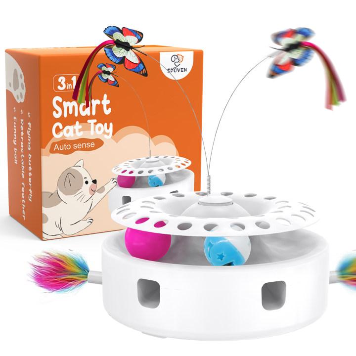 Christmas gift for cats-Cat Toys 3in1 Automatic Interactive Kitten Toy, Fluttering Butterfly, Moving Ambush Feather, Track Balls, Dual Power Supplies