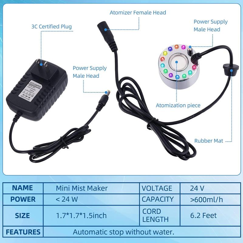 Mini Halloween Fog Machine, Ultrasonic Mist Maker Fogger with Waterproof Frame 12 LED colors For Halloween Decoration, Water Fountain, Pond Fogger