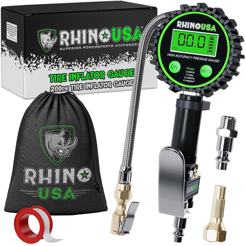 USA 200 PSI Tire Inflator Gauge with Digital Display, Solid Brass 360 Swivel and 