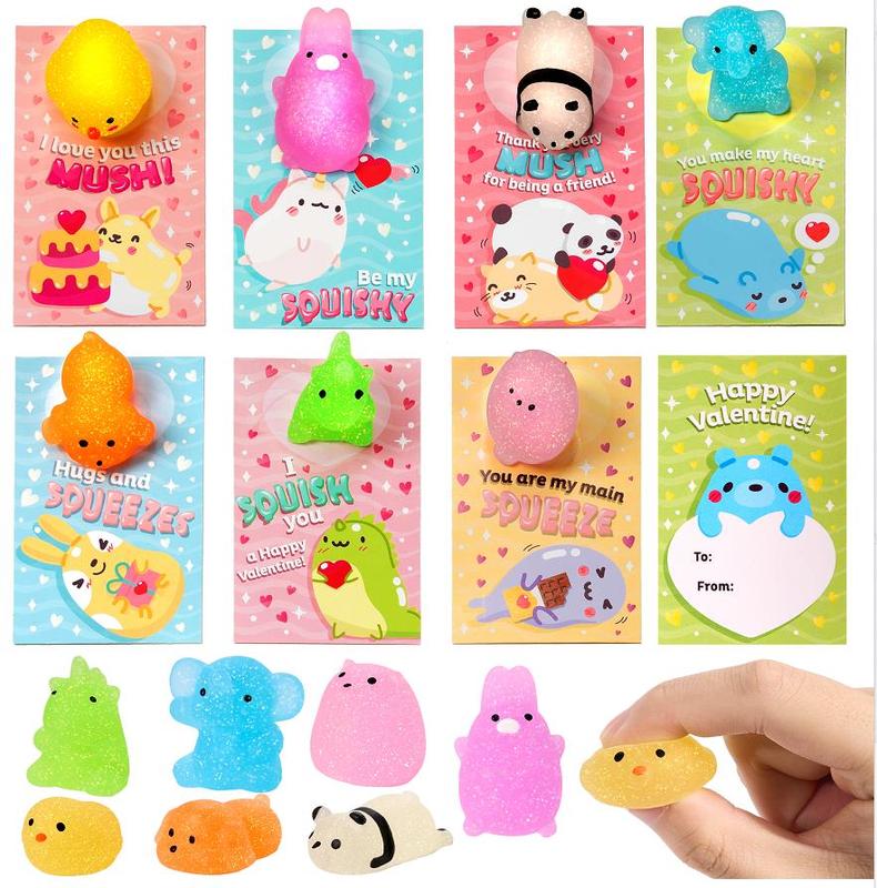 28Pcs Kids Valentines Cards Mochi squishy Toys with Glow-in-The-Dark， 2025 Valentine Exchange Cards