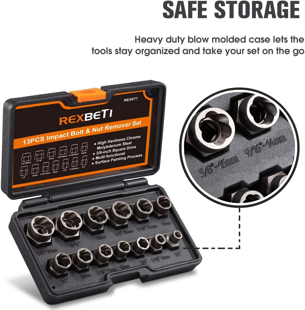 Bolt Extractor Tool Set, 13+1 Counts Impact & Nut Remover Stripped Lug Remover, Lug Nut Removal Tool, Drive Rounded Bolt Remover for Removing Damaged, Frozen, Rusted