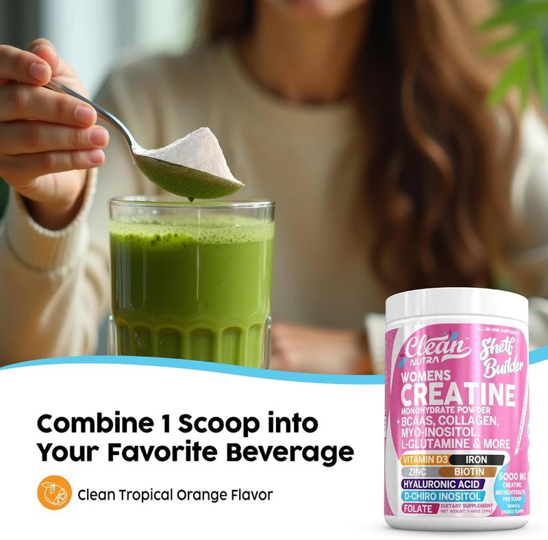 Creatine for Women | Creatine Monohydrate + BCAA Powder Myo-Inositol Collagen Biotin Hyaluronic Acid Folate L Glutamine Vitamin D3 Iron Zinc D-Chiro