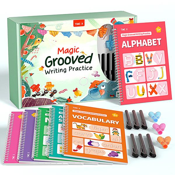 TIMEX Reusable Grooved Handwriting Workbook for Kids, Learning Materials, 6 Books–Early Elementary, Covers Math, Words, Drawing –Gift for Children