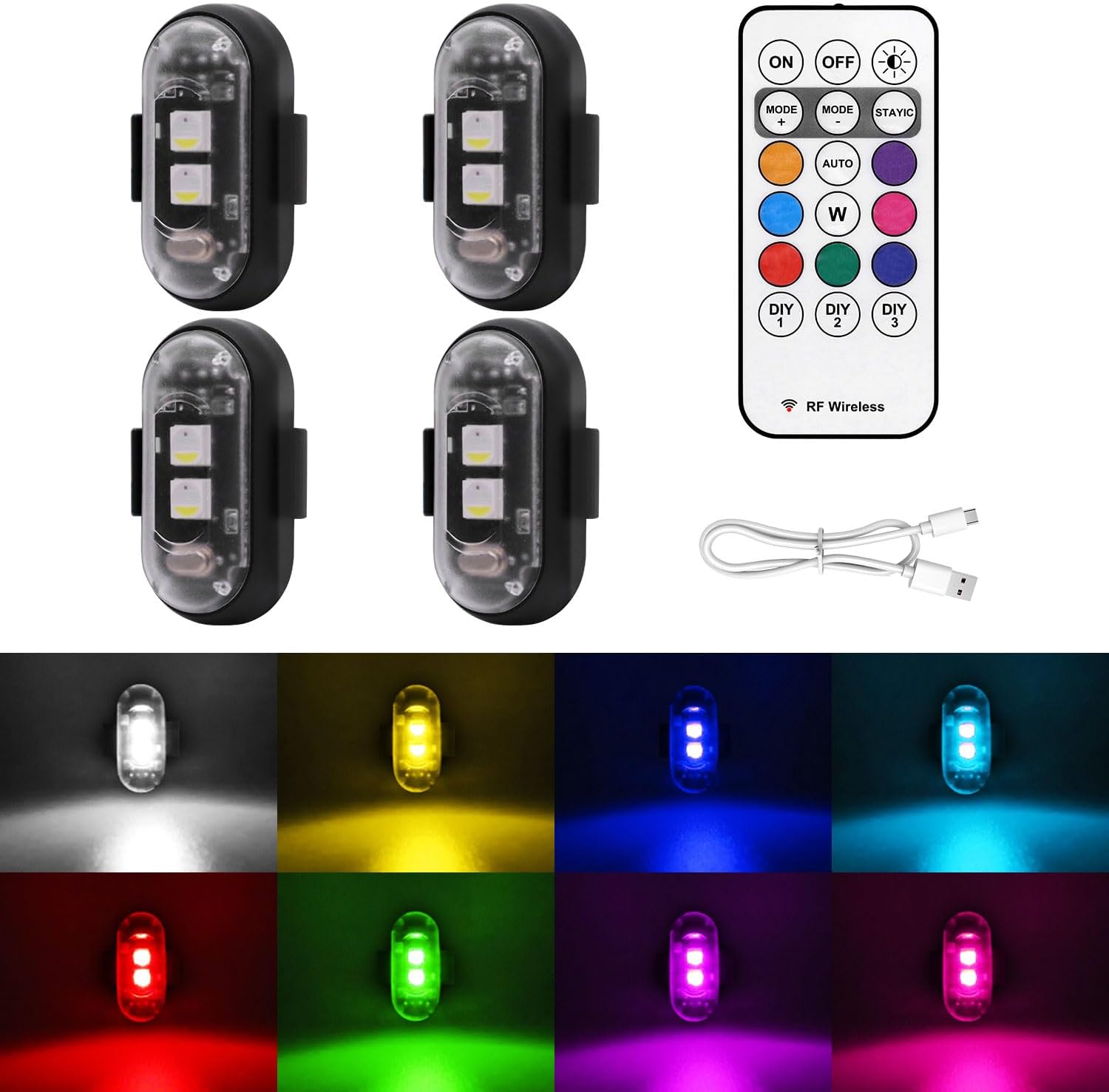 Wireless LED Strobe Lights with Remote Control, 8 Colors USB Charing Waterproof Anti-Collision Led Emergency Warning Lights for Car Motorcycle Drone Aircraft Bike