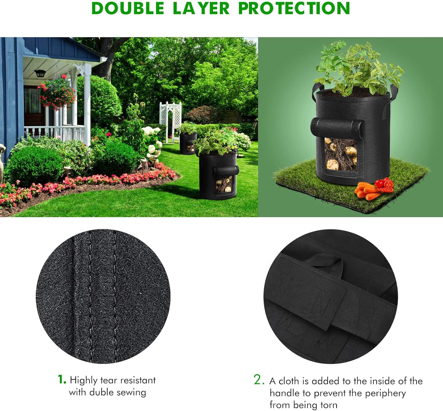 2-Pack Garden Planting Bag with Reinforced Handle, Thickened Nonwoven Fabric Pots for Vegetable and Fruits