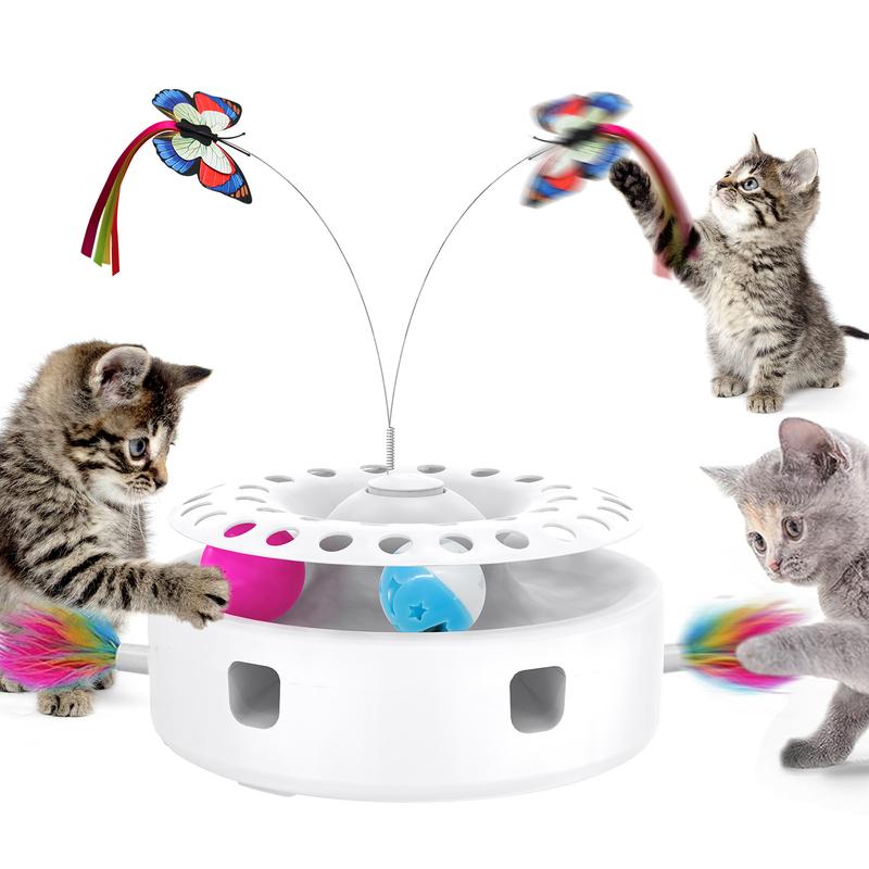 Christmas gift for cats-Cat Toys 3in1 Automatic Interactive Kitten Toy, Fluttering Butterfly, Moving Ambush Feather, Track Balls, Dual Power Supplies