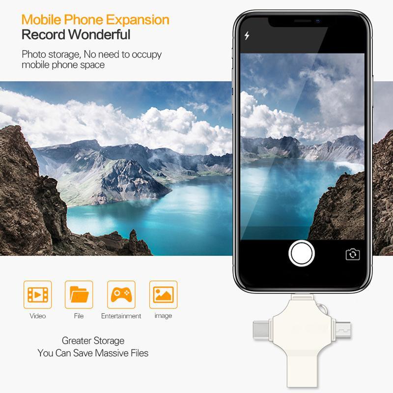 USB Flash Drive, 4-in-1 OTG Memory Stick, Plug and Play External Storage Compatible with iPhone iPad Android Phones PC, Phone Accessories