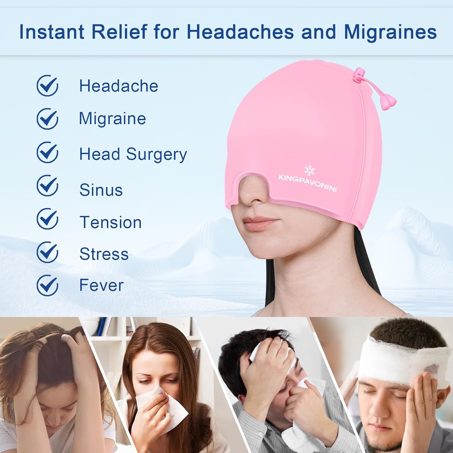 Adjustable Headache Cap Migraine with Drawstring Fits All Heads, Cold Compression Migraine Relief Cap for Tension, Stress, Sinus, Puffy Eyes, Hot/Cold Therapy