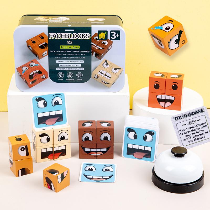 Face-Changing Cube Building Blocks Wooden Expressions Matching Block Board Games for Family Night Puzzle Games