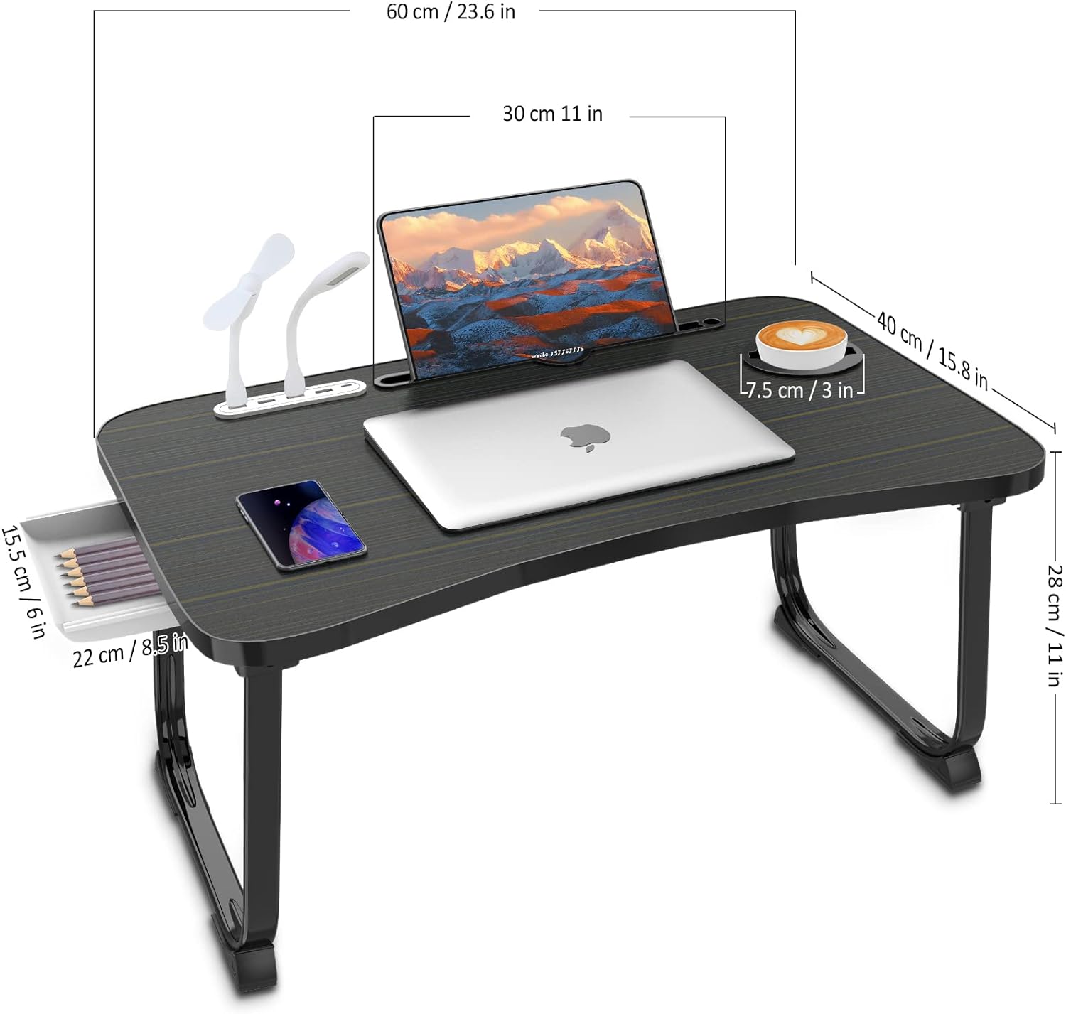 Portable Foldable Laptop Bed Table with USB Charge Port Storage Drawer and Cup Holder,