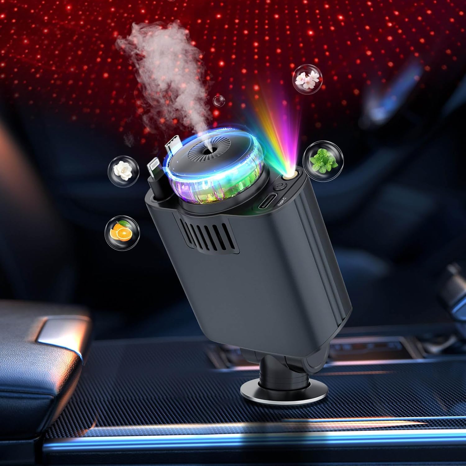 Starlight in Car Roof 5 in 1 Fast Car Phone Charger, with Car Aromatherapy Diffuser, 2 Retractable Cables and USB C Car Charger Adapter,