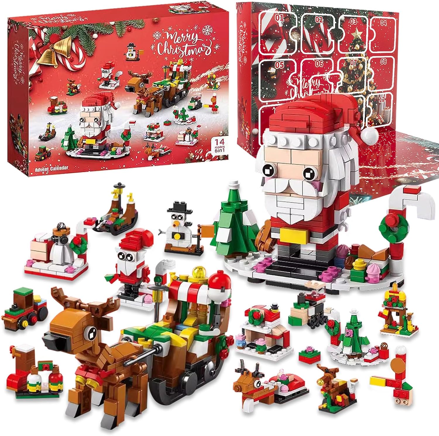 Christmas 2024 Building Blocks for 3-12 Year Olds - 12 Day Countdown Calendar Gift Box - 6 in 1 Christmas Tree Elk Santa Track Car Blocks Bricks