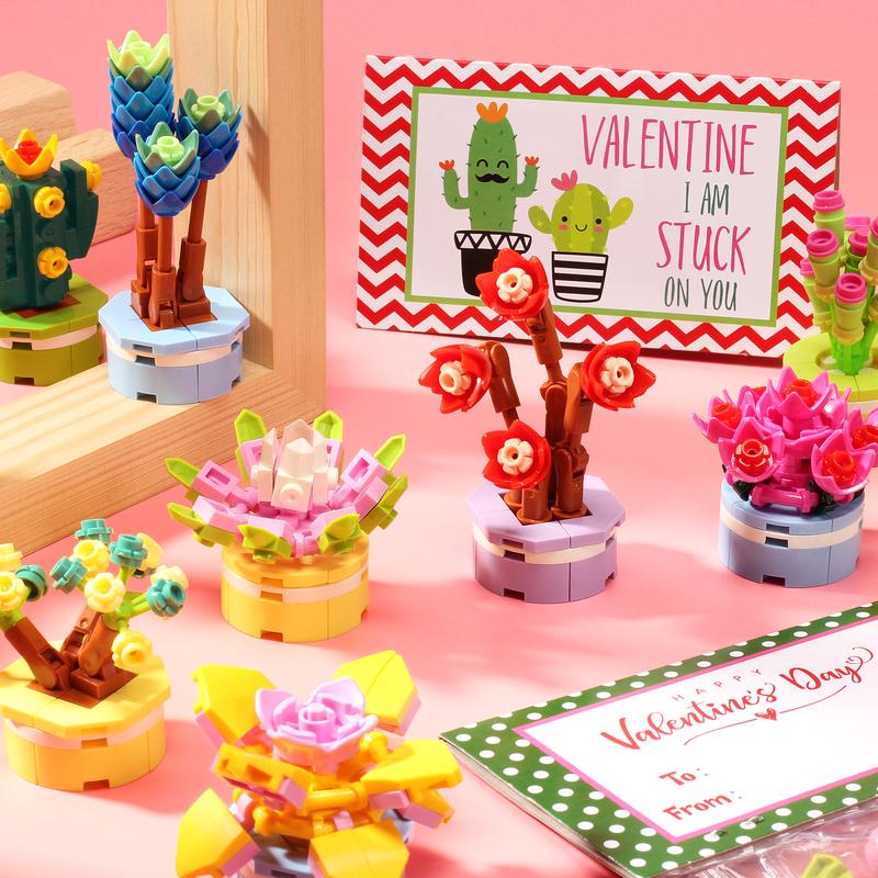 24 Packs- Valentines Day Gifts - Succulents Building Blocks with Valentines Day Cards for Classroom School Boys Girls, Valentines Exchange Gifts Party Favors Class Prizes