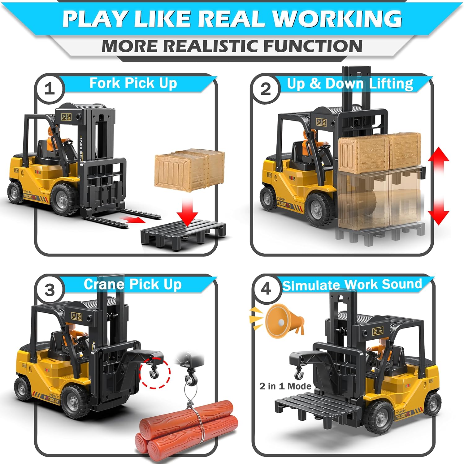 RC Forklift Truck, 2 in 1 Transform Lift Fork & Hook,