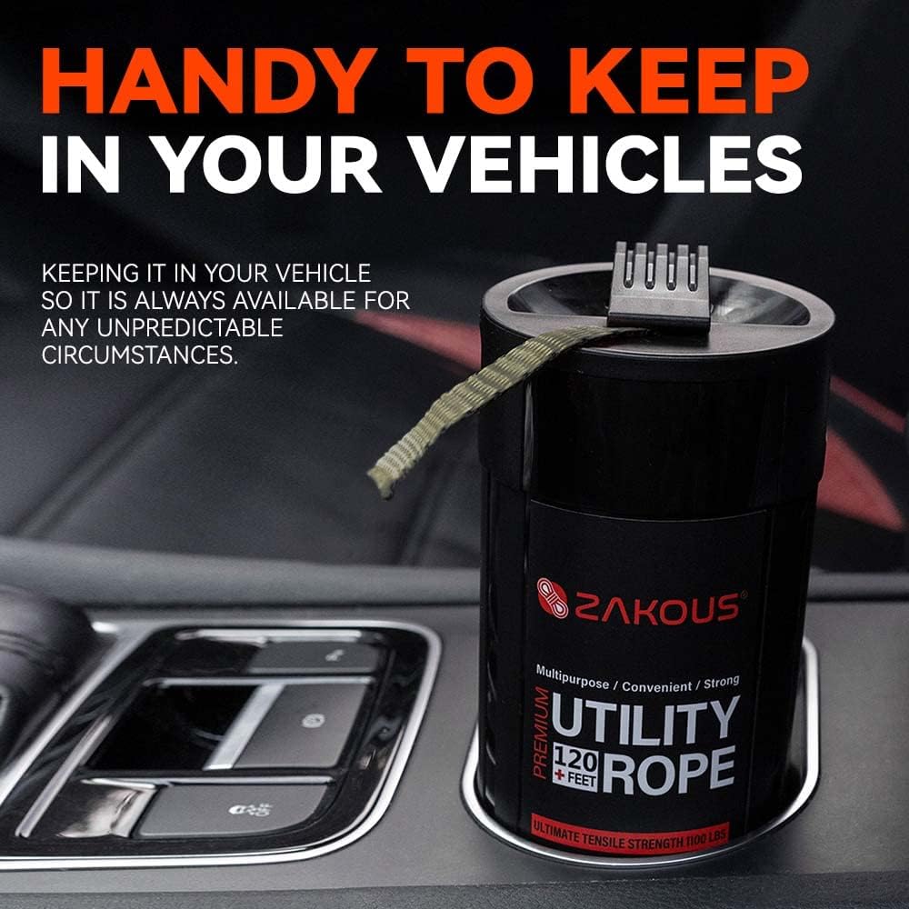 All Purpose Utility Rope Canister, 120 Feet 1100lb Strengh, 100% Nylon Rope Truck Car Vehicle Use - Versatile Usage for Camping Essentials, Hunting, Emergency Preparedness, Tow