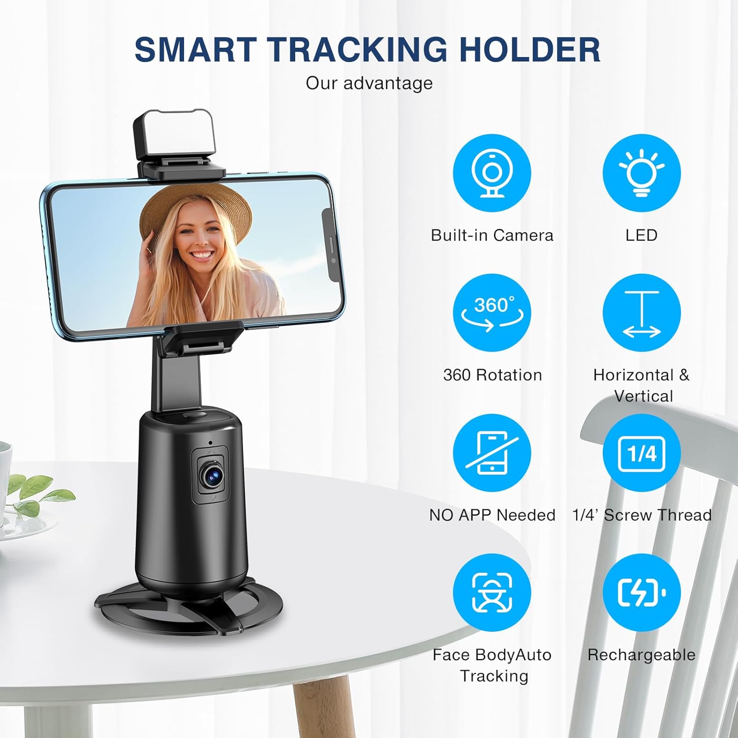 Auto Face Tracking Tripod 360° Rotating Auto Tracking Phone Stand, No App, Phone Camera Stand with Remote and Gesture Control,