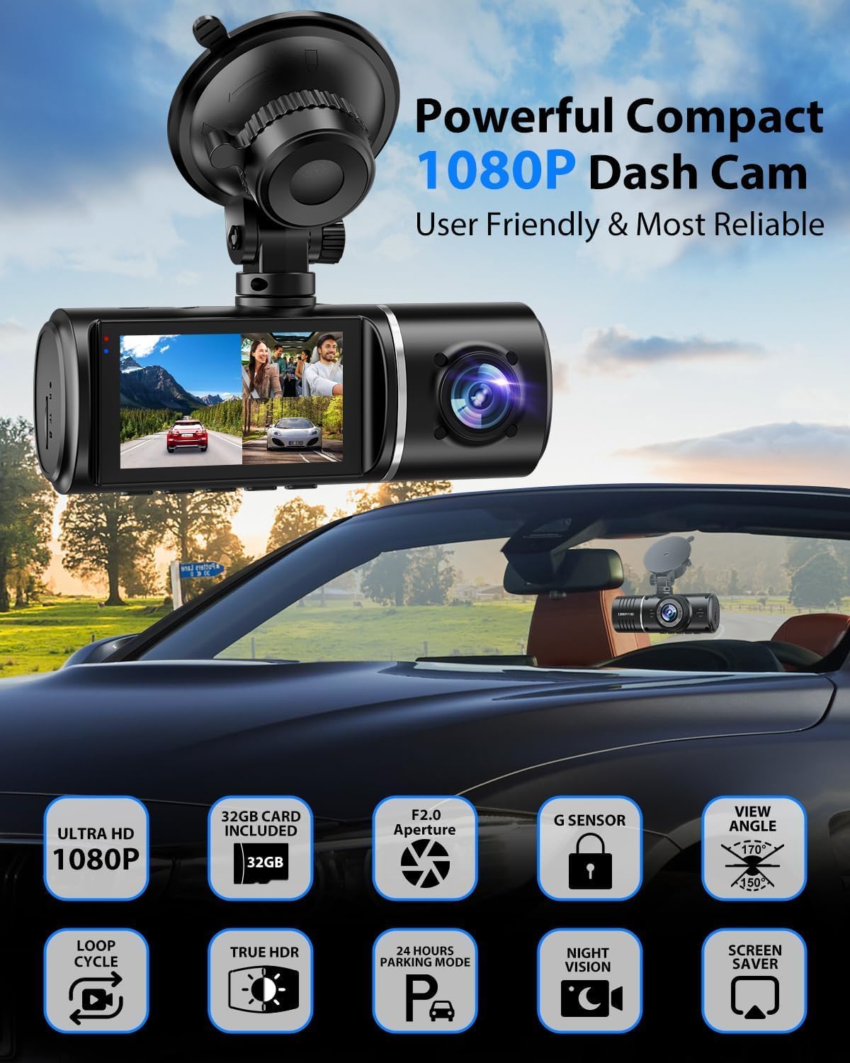 Front & Inside Dashcam,, Wide Angle Car Driving Recorder with IR Night-Visionr, 3.16 Inch lPS Screen 1080P HD Car Camera with Dual Lens,