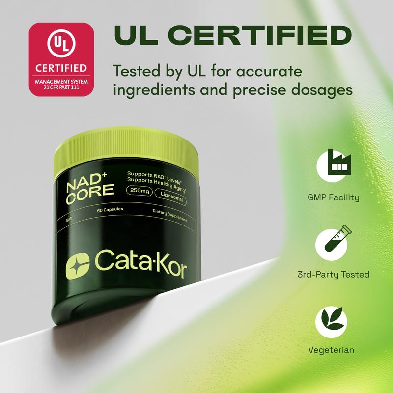 Cata-Kor 250 mg - NAD+ Supplement for Skin Aging Support, Energy, and Focus - 60 Count - Vitamin & Wellness Supplements Dietary Healthcare Edible