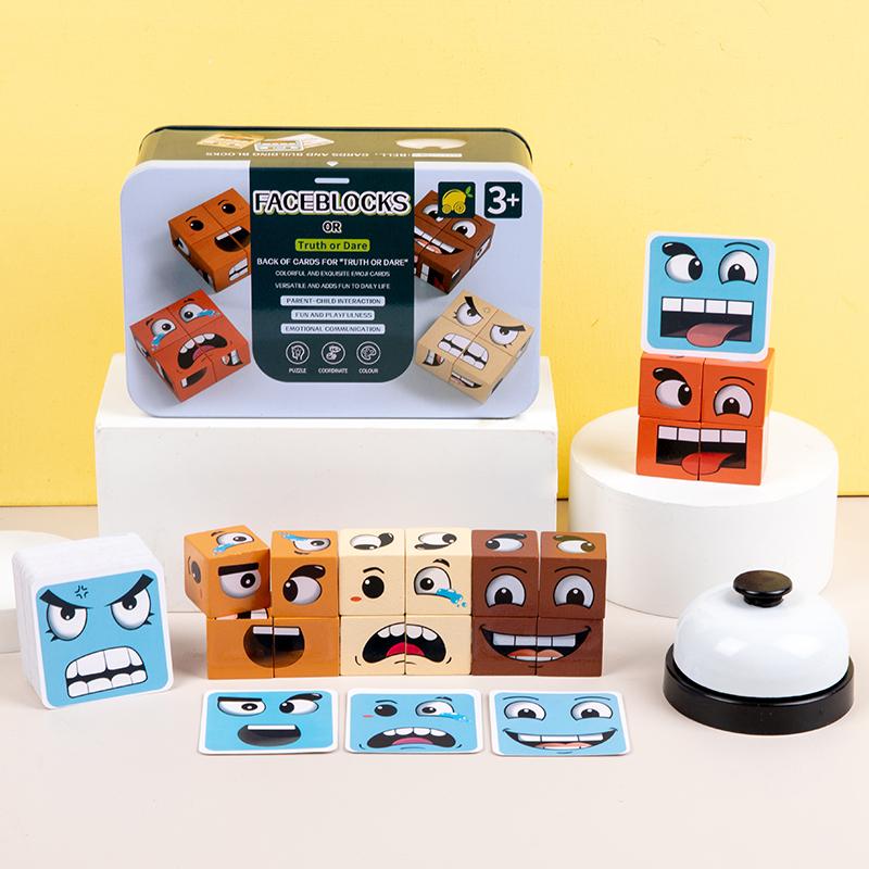 Face-Changing Cube Building Blocks Wooden Expressions Matching Block Board Games for Family Night Puzzle Games