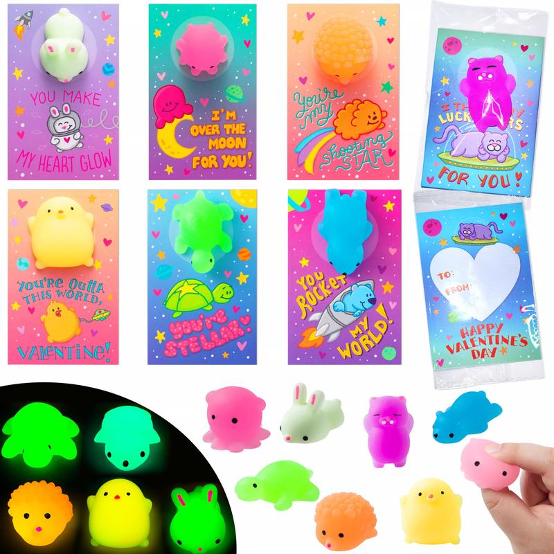 28Pcs Kids Valentines Cards Mochi squishy Toys with Glow-in-The-Dark， 2025 Valentine Exchange Cards