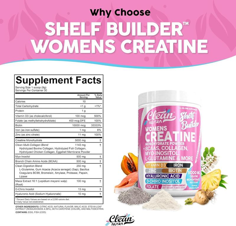 Creatine for Women | Creatine Monohydrate + BCAA Powder Myo-Inositol Collagen Biotin Hyaluronic Acid Folate L Glutamine Vitamin D3 Iron Zinc D-Chiro