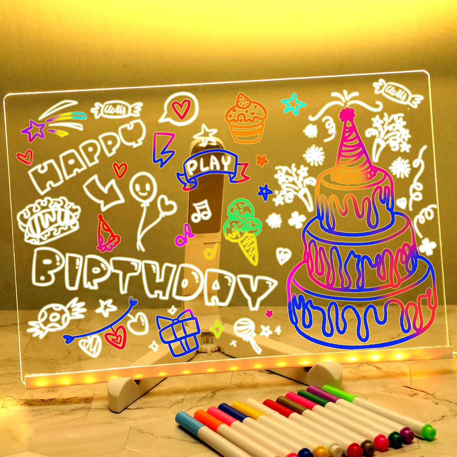 Light Up Acrylic Message Board, Erasable Drawing Board Light with 7 Pen,