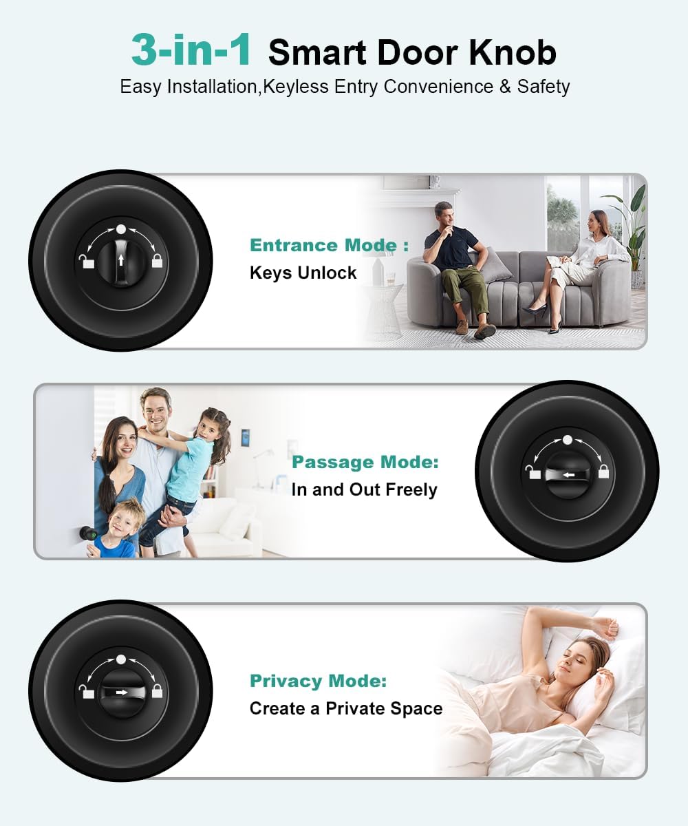 Fingerprint Door Lock, Smart Fingerprint Door Knob with Lock, Biometric Door knob with App Control & Key,